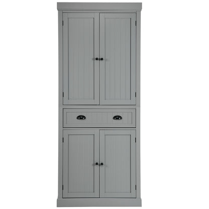 4-Door Tall Kitchen Cupboard Adjustable Shelves and Drawer-Grey