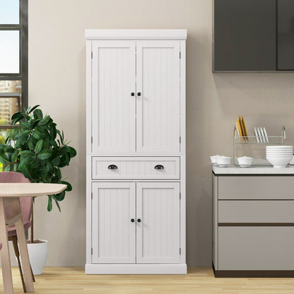 4-Door Tall Kitchen Cupboard Adjustable Shelves and Drawer-White