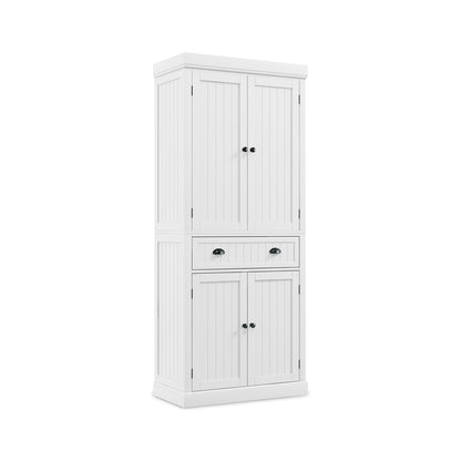 4-Door Tall Kitchen Cupboard Adjustable Shelves and Drawer-White