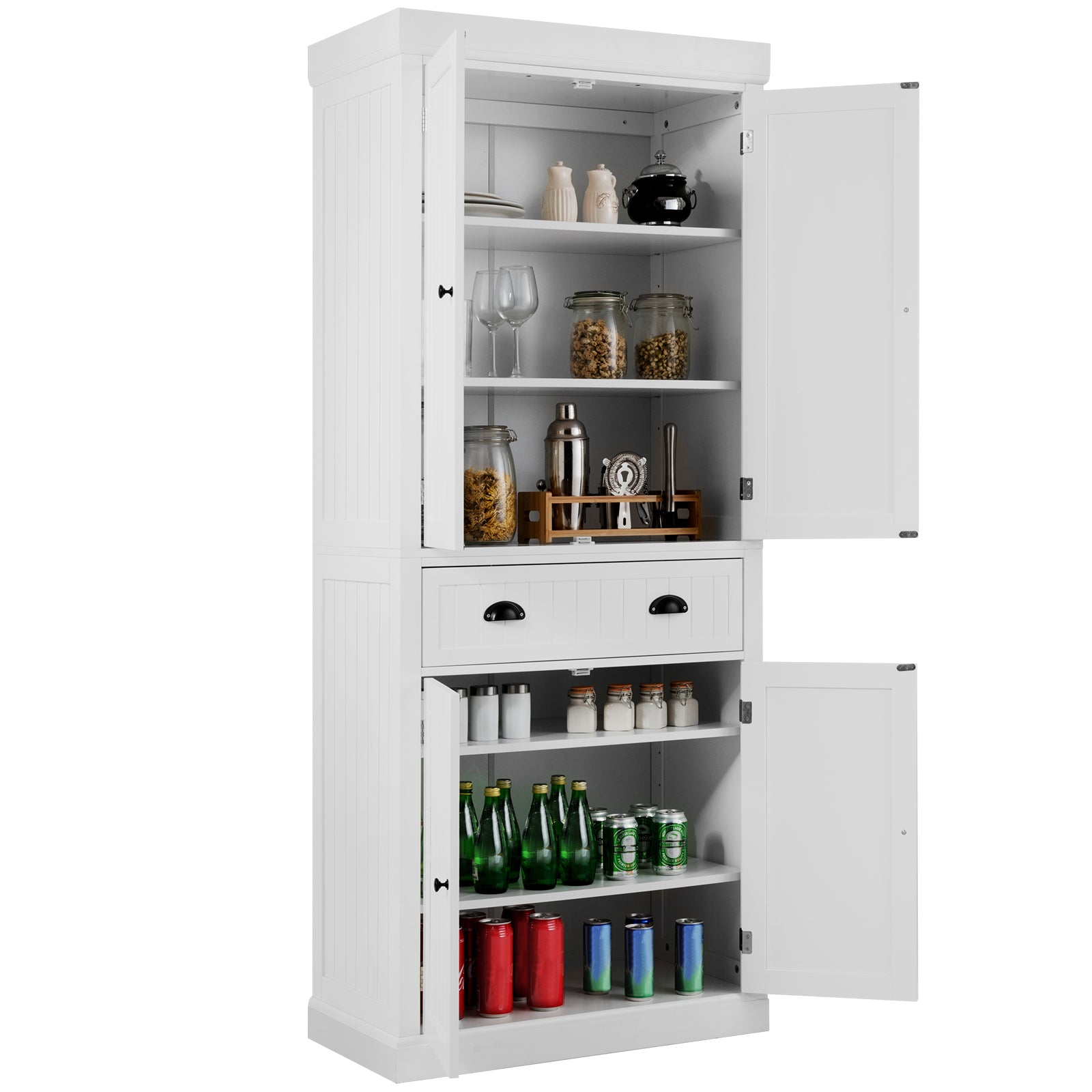 4-Door Tall Kitchen Cupboard Adjustable Shelves and Drawer-White