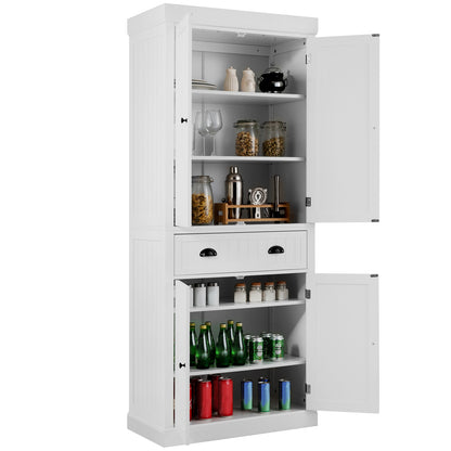 4-Door Tall Kitchen Cupboard Adjustable Shelves and Drawer-White