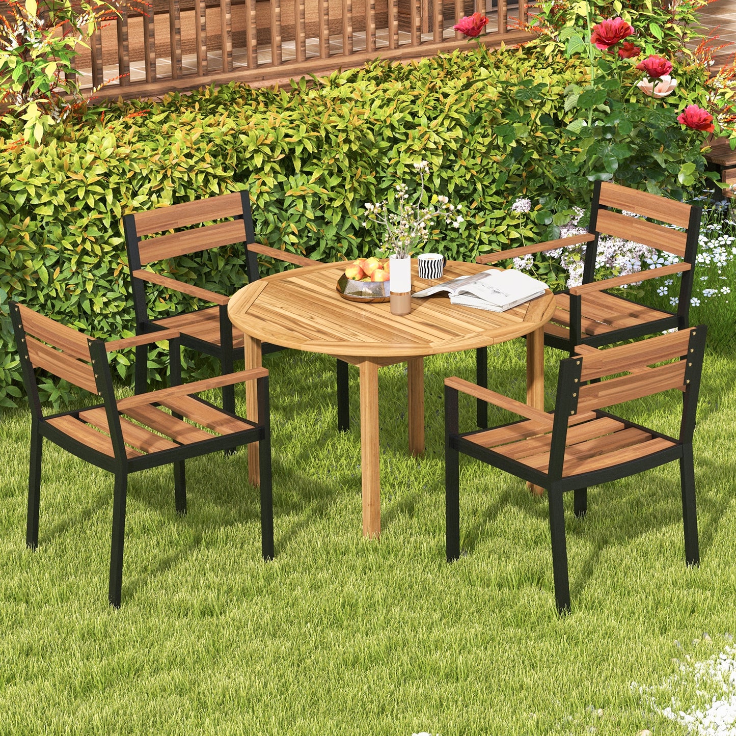 4-Person Round Outdoor Acacia Wood Dining Table