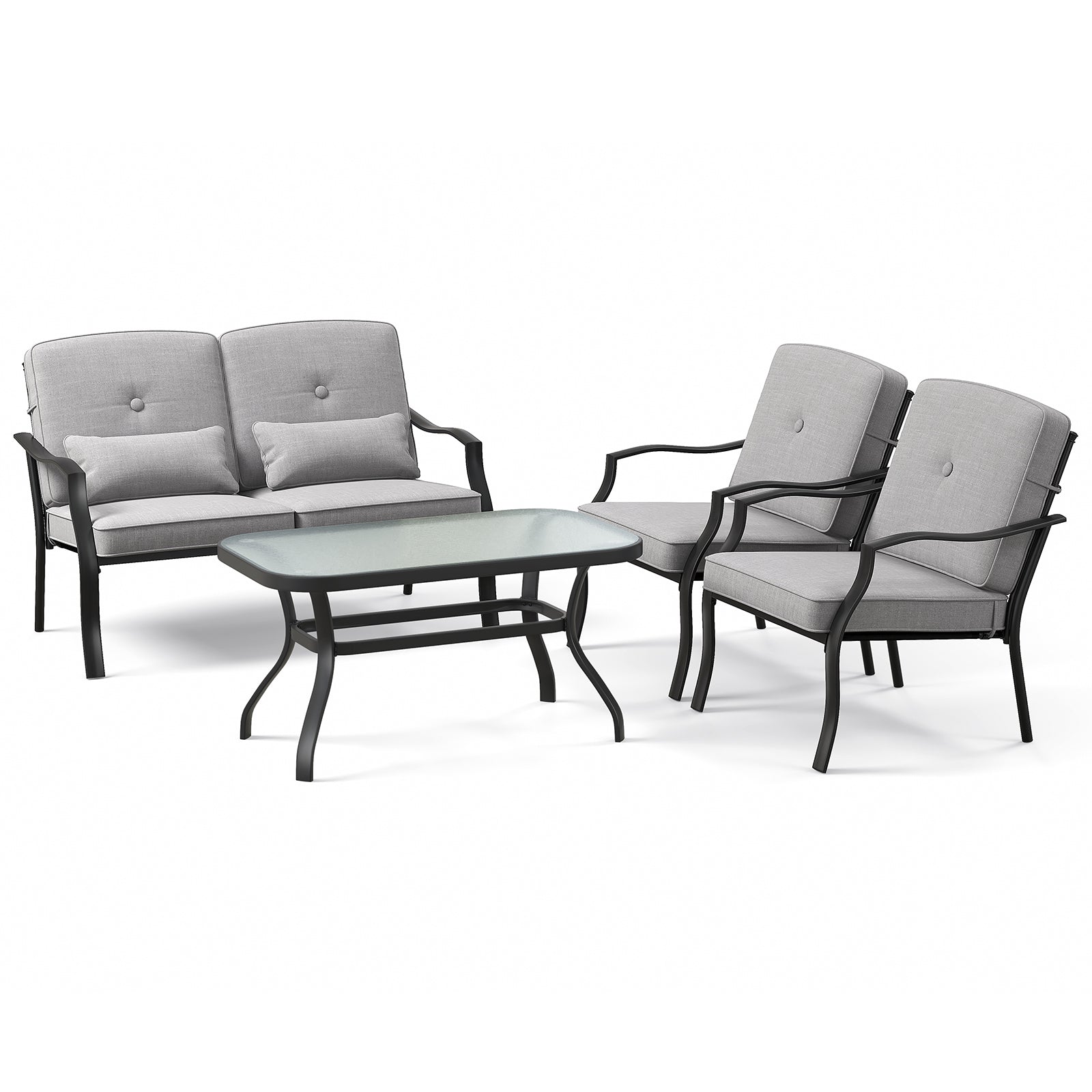4 Piece Patio Conversation Set with Tempered Glass Coffee Table-Grey