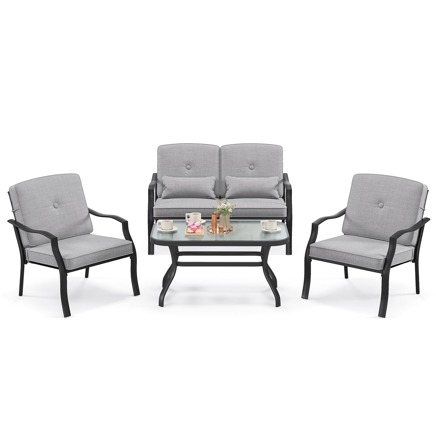 4 Piece Patio Conversation Set with Tempered Glass Coffee Table-Grey