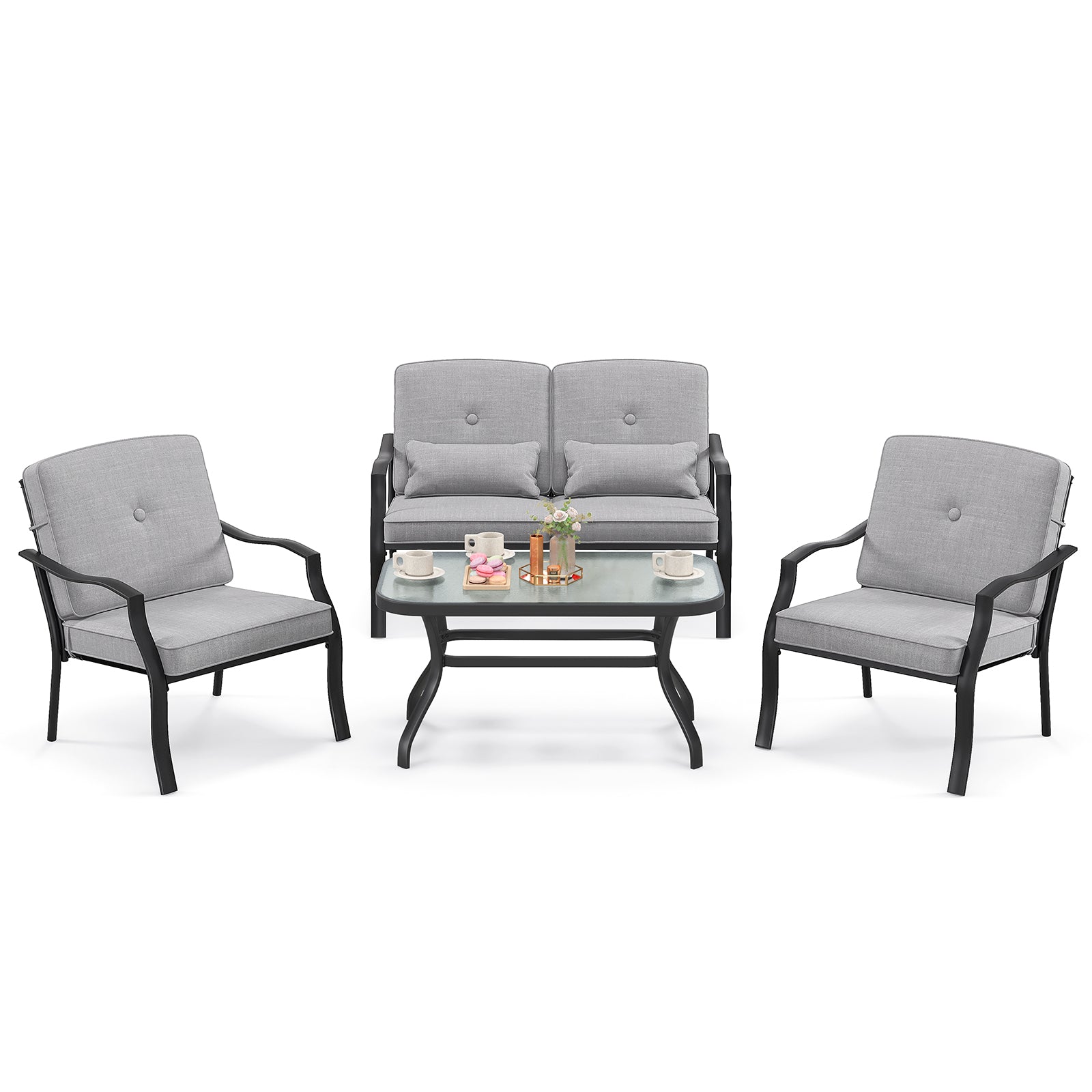 4 Piece Patio Conversation Set with Tempered Glass Coffee Table-Grey