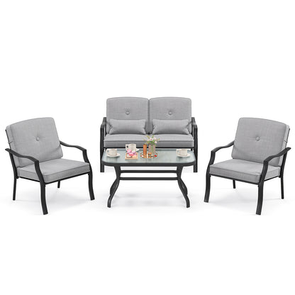 4 Piece Patio Conversation Set with Tempered Glass Coffee Table-Grey