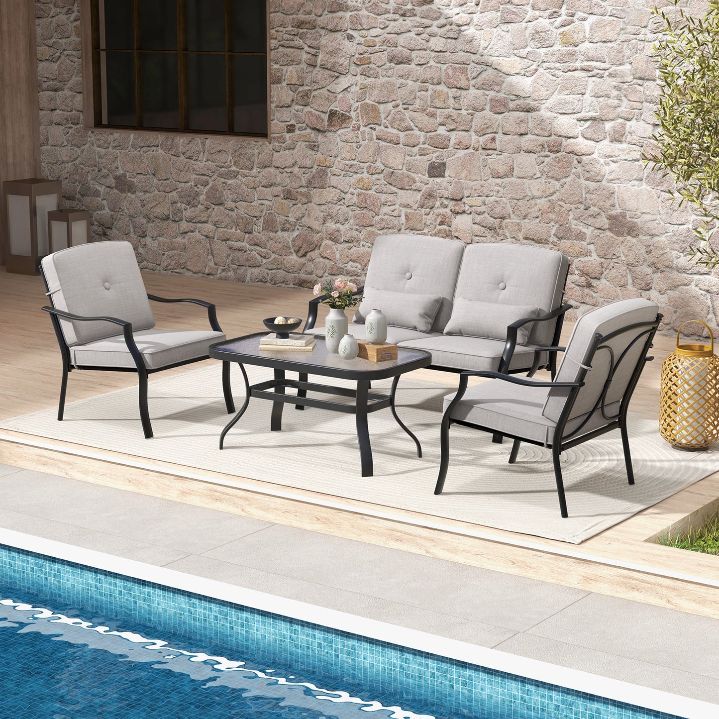 4 Piece Patio Conversation Set with Tempered Glass Coffee Table-Grey