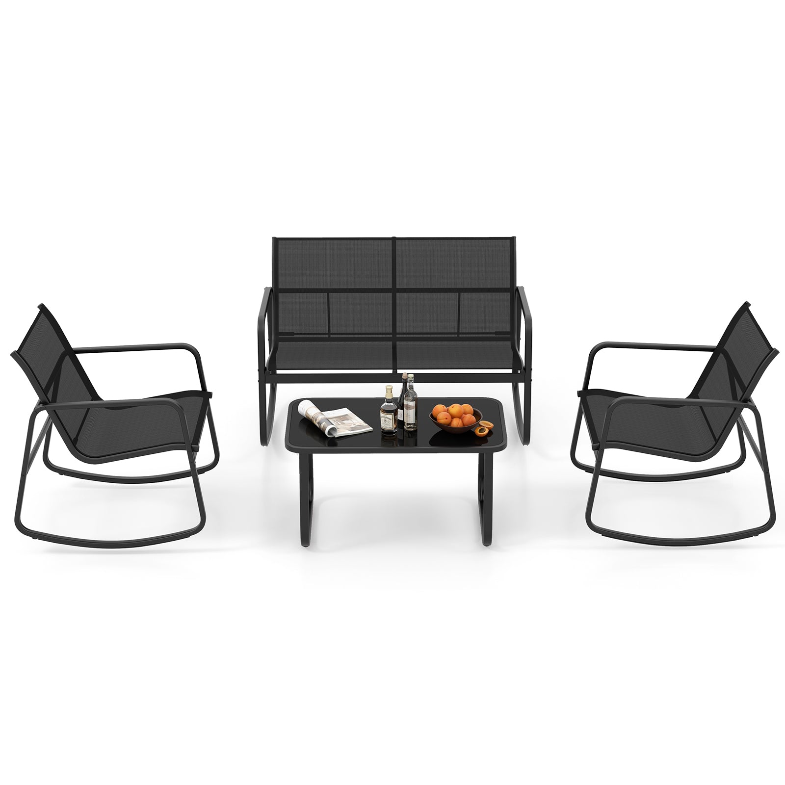 4 Piece Patio Rocking Set with Glass-Top Table-Black