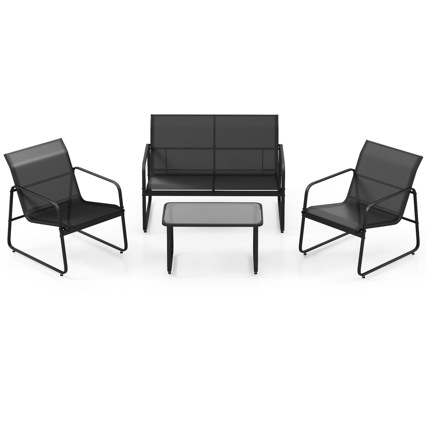 4 Pieces Patio Furniture Set with Tempered Glass Coffee Table-Black