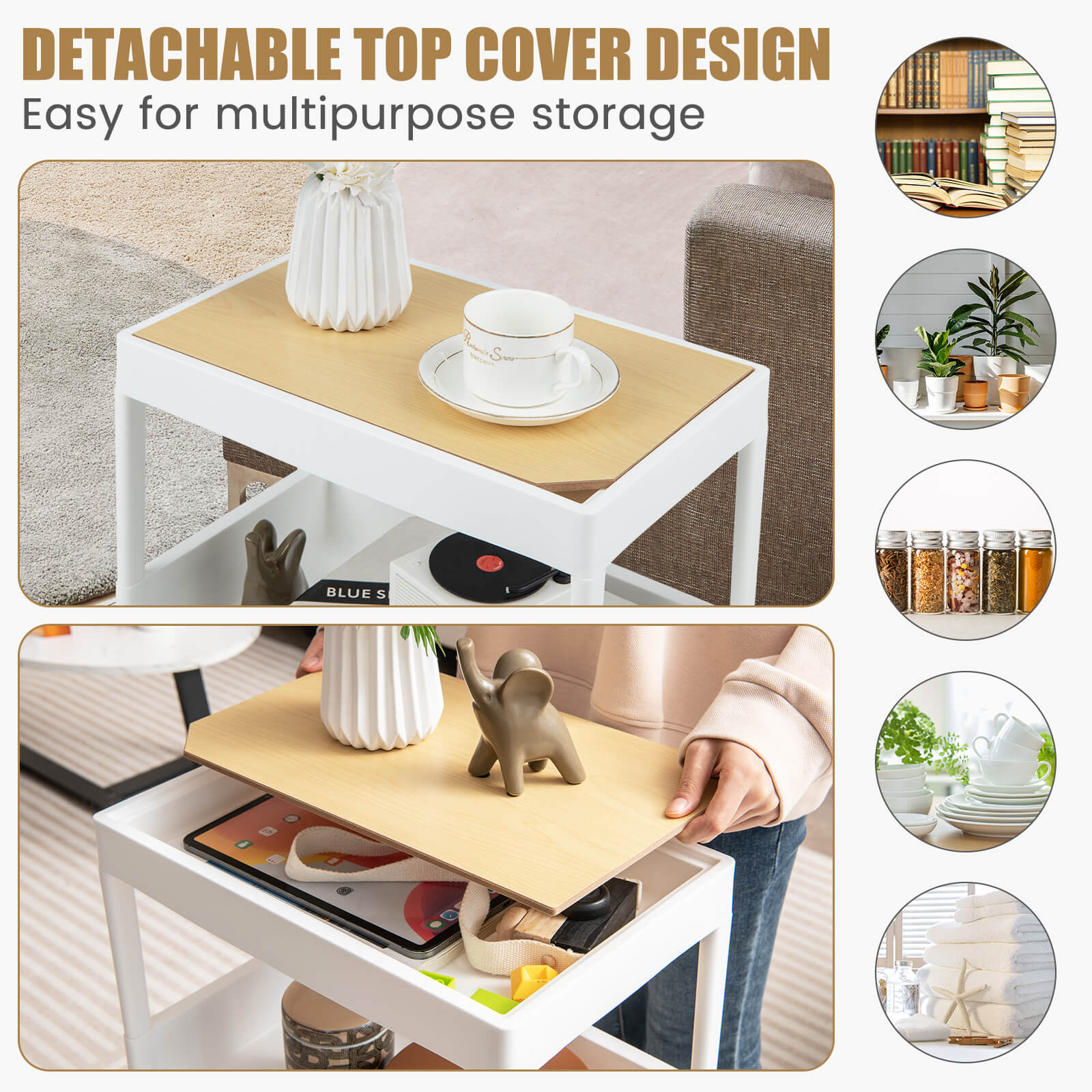 3/4 Tiers Utility Rolling Cart with Detachable Tray Top and Locking Wheels-4-Tier