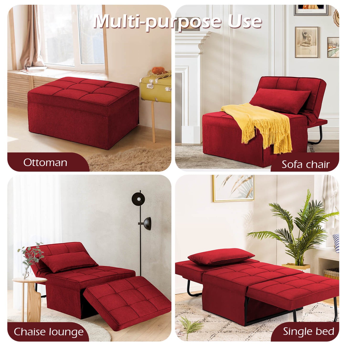 4 in 1 Convertible Sofa Bed with Adjustable Backrest-Burgundy