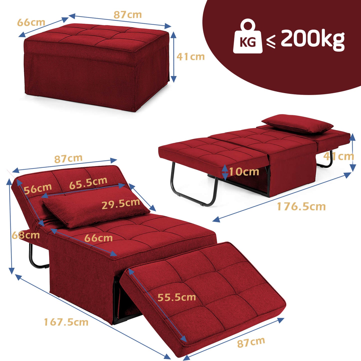 4 in 1 Convertible Sofa Bed with Adjustable Backrest-Burgundy