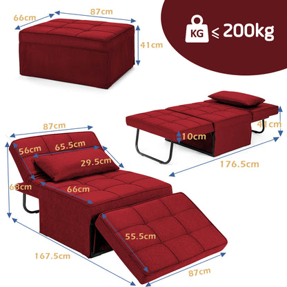 4 in 1 Convertible Sofa Bed with Adjustable Backrest-Burgundy