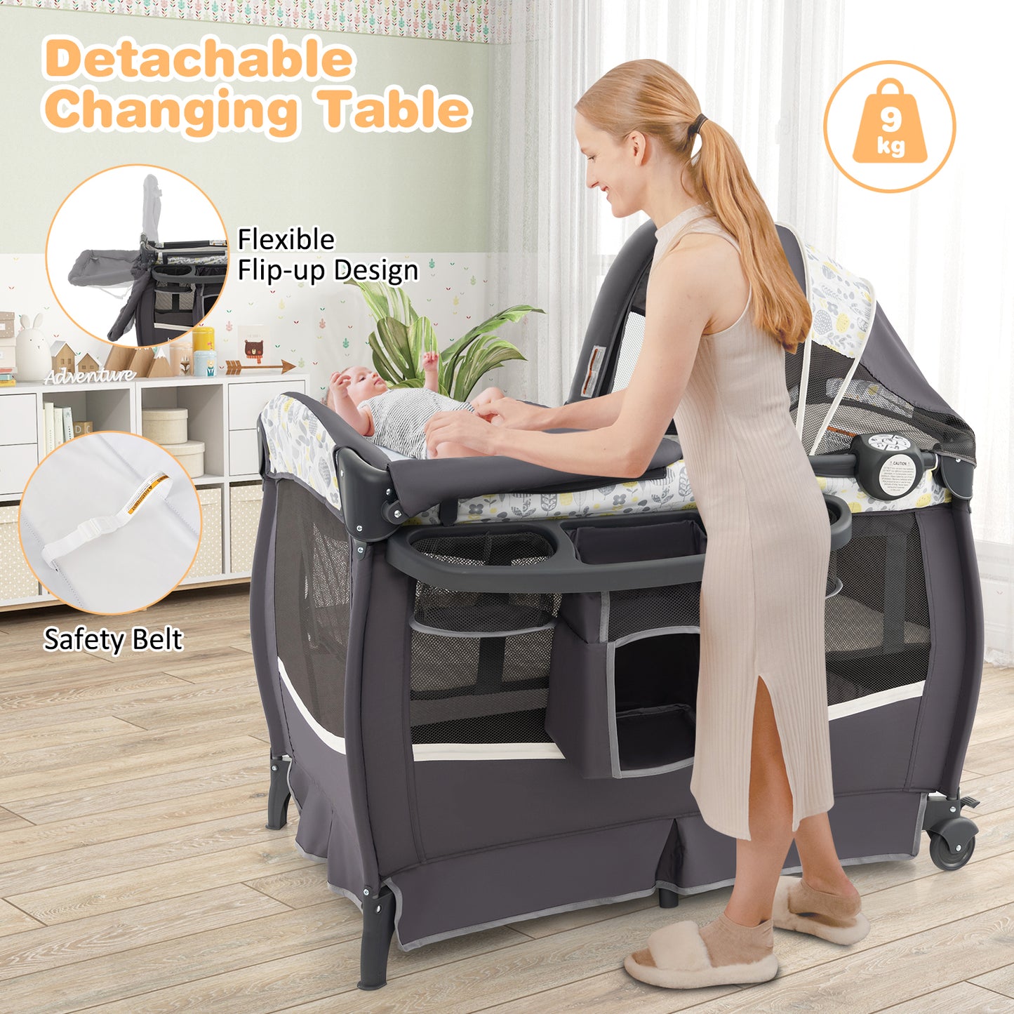 4 in 1 Portable Baby Nursery Center with Bassinet-Grey