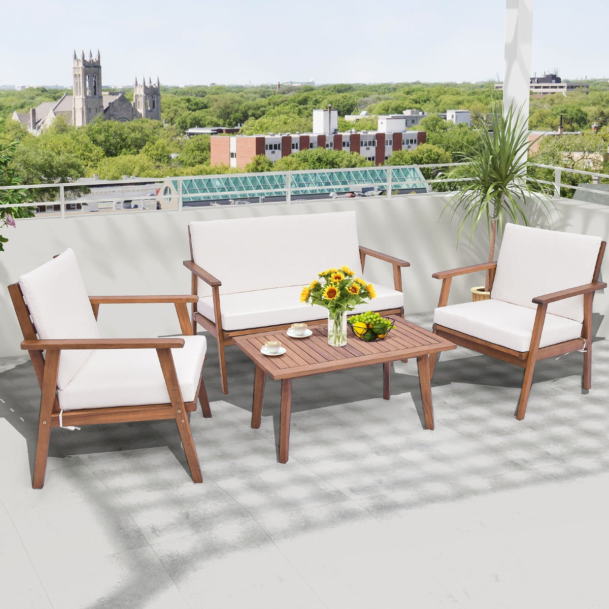 4 Piece Outdoor Conversation Set with Soft Seat and Back Cushions-Whit ...