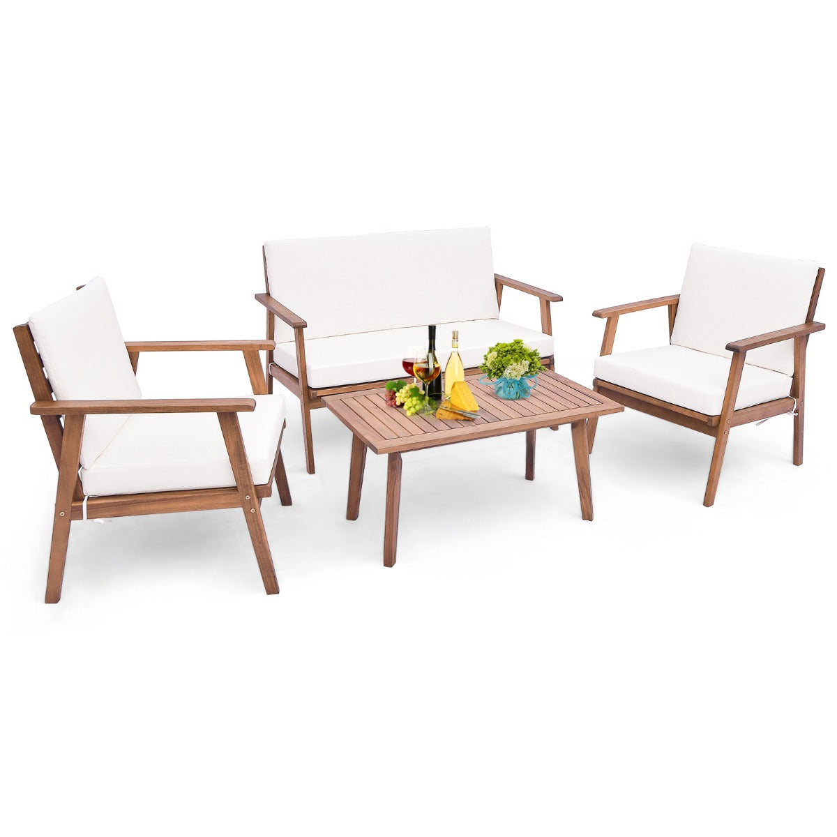 4 Piece Outdoor Conversation Set with Soft Seat and Back Cushions-White