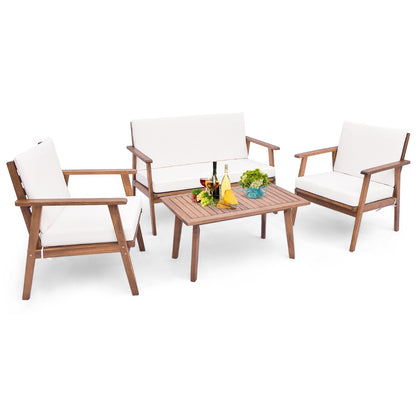 4 Piece Outdoor Conversation Set with Soft Seat and Back Cushions-White