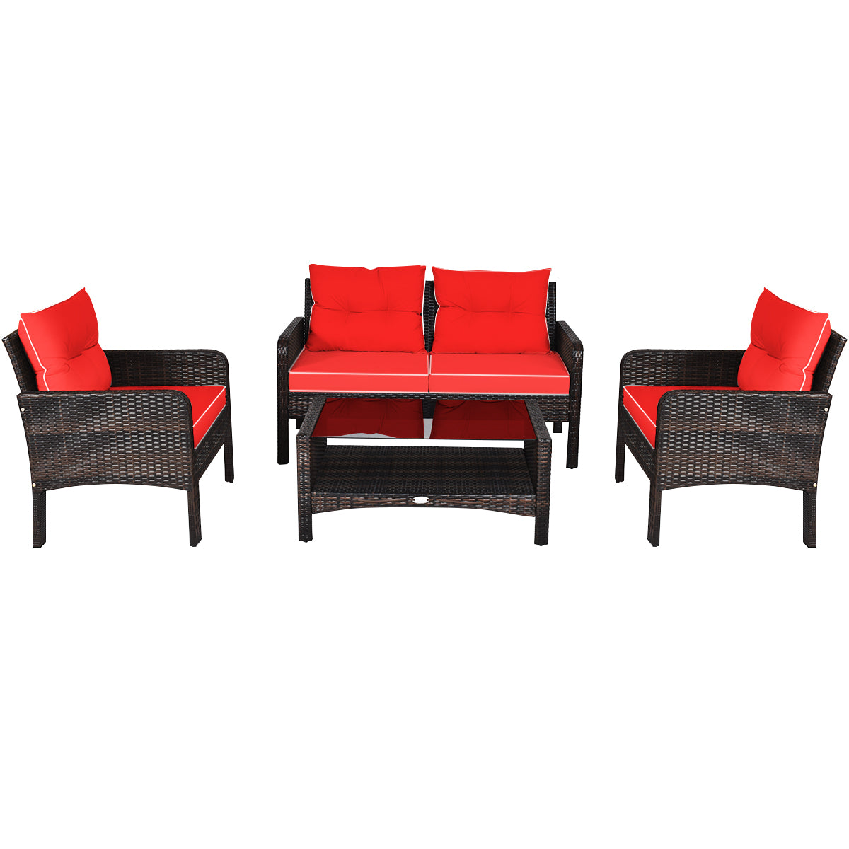 4 Pieces PE Rattan Patio Conversation Set-Red