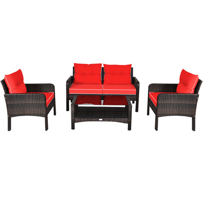 4 Pieces PE Rattan Patio Conversation Set-Red