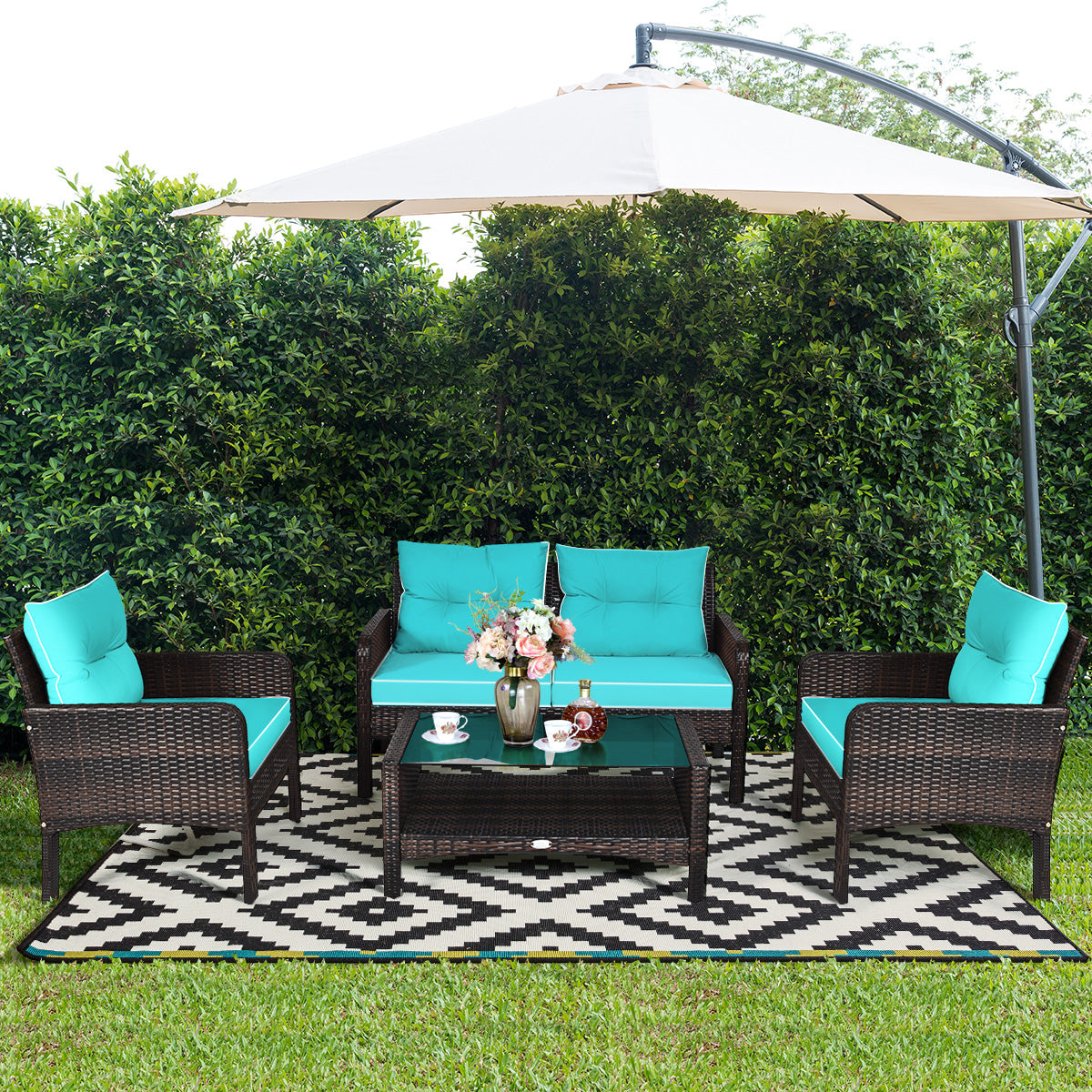 4 Pieces PE Rattan Patio Conversation Set-Turquoise