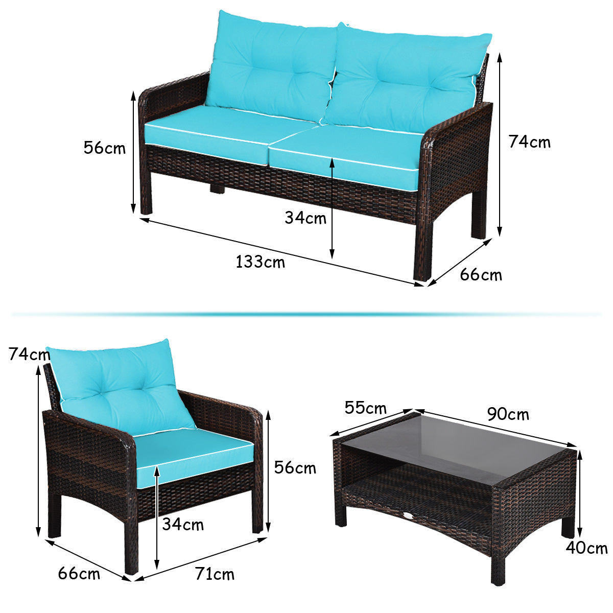 4 Pieces PE Rattan Patio Conversation Set-Turquoise