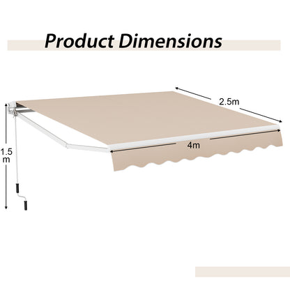 4 x 2.5 m Patio Retractable Awning with Manual Crank Handle-Beige