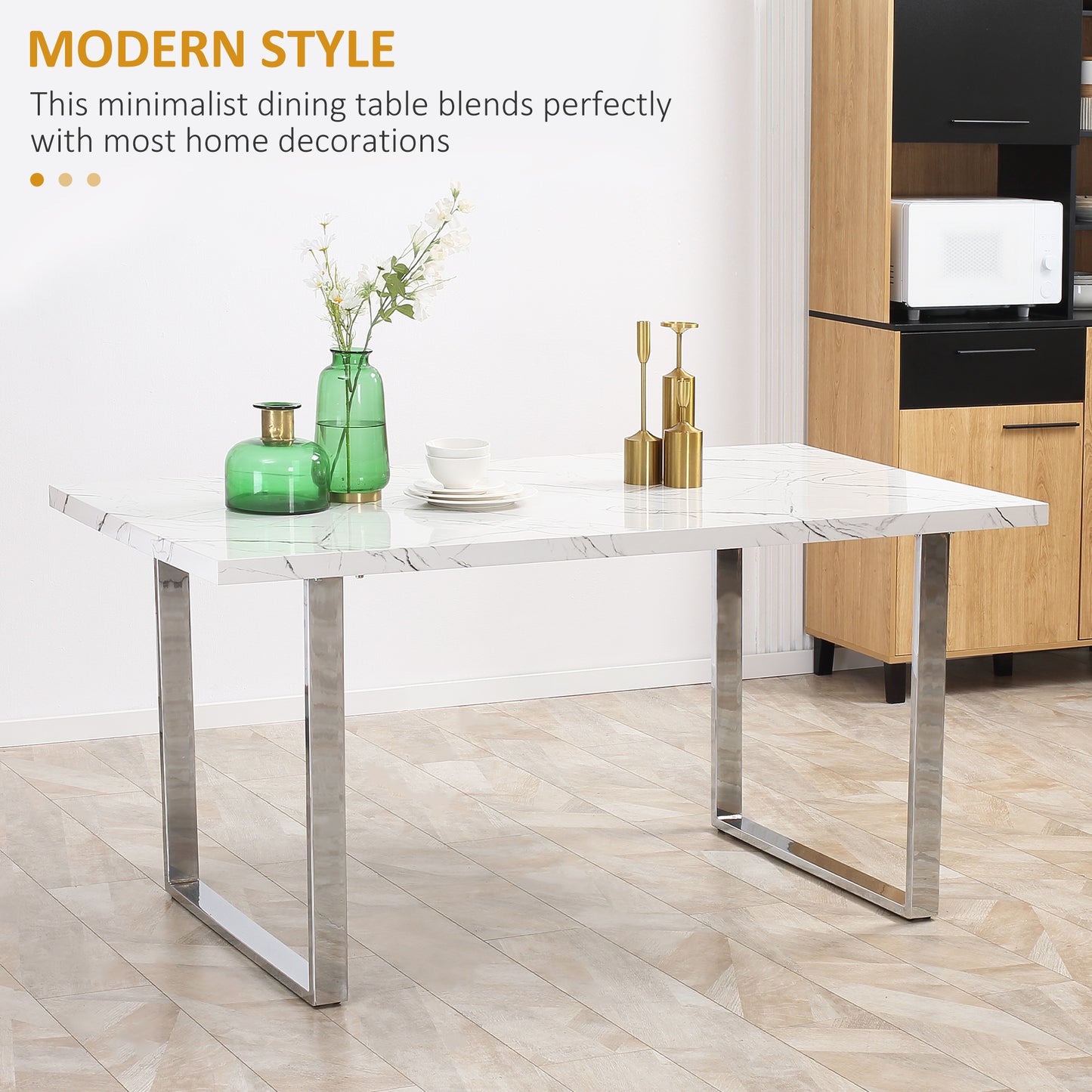 HOMCOM Modern Dining Room Table Rectangular Kitchen Table for 6-8 People with Marble Effect Tabletop Steel Legs 155 cm White