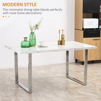 HOMCOM Modern Dining Room Table Rectangular Kitchen Table for 6-8 People with Marble Effect Tabletop Steel Legs 155 cm White