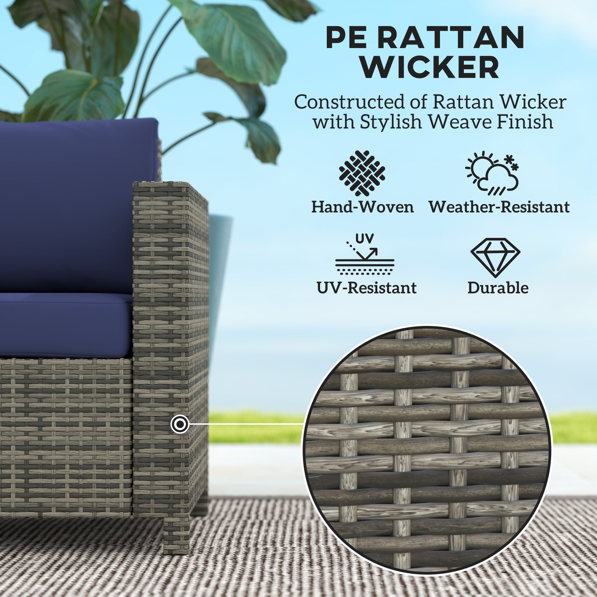 Outsunny Rattan Sofa, 2 Seater Garden Furniture with Soft Padded Cushion and Armrests, Wicker Garden Loveseat for Patio, Navy Blue