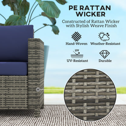 Outsunny Rattan Sofa, 2 Seater Garden Furniture with Soft Padded Cushion and Armrests, Wicker Garden Loveseat for Patio, Navy Blue