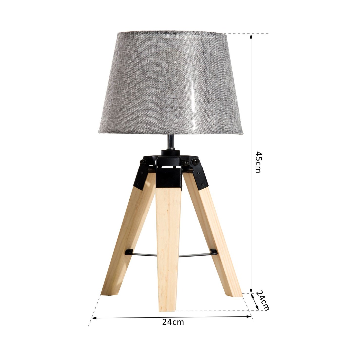 HOMCOM Wooden Tripod Table Lamp for Side, Desk or End Table with E27 Bulb Base?Grey Shade?