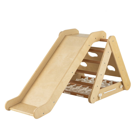 4-in-1 Wooden Triangle Climbing Set with Ramp Sliding Board-Natural