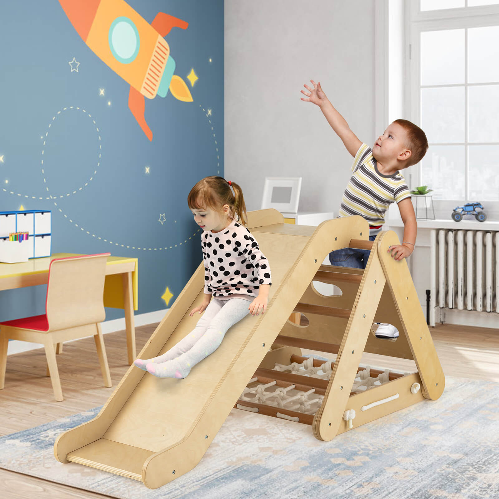 4-in-1 Wooden Triangle Climbing Set with Ramp Sliding Board-Natural