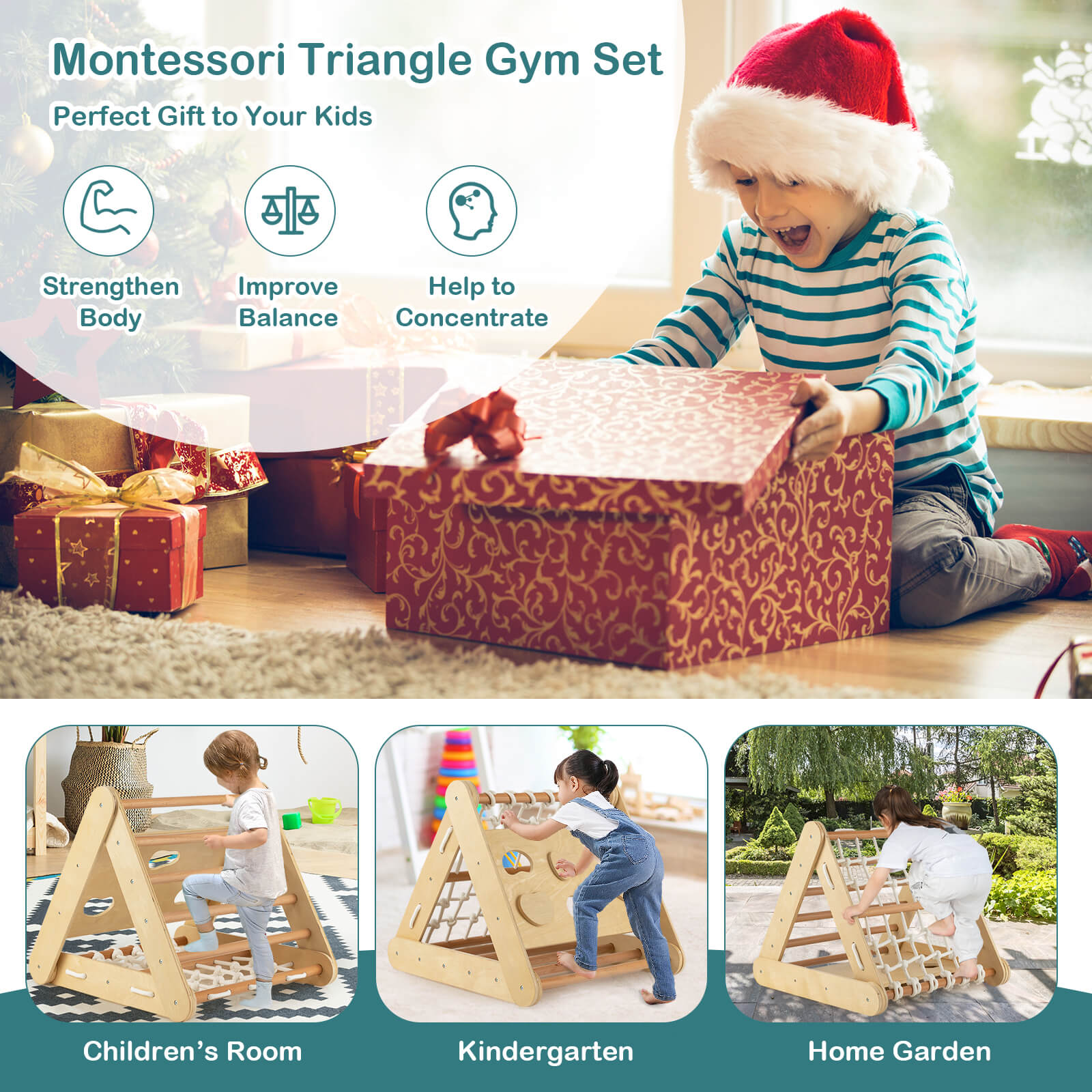 4-in-1 Wooden Triangle Climbing Set with Ramp Sliding Board-Natural