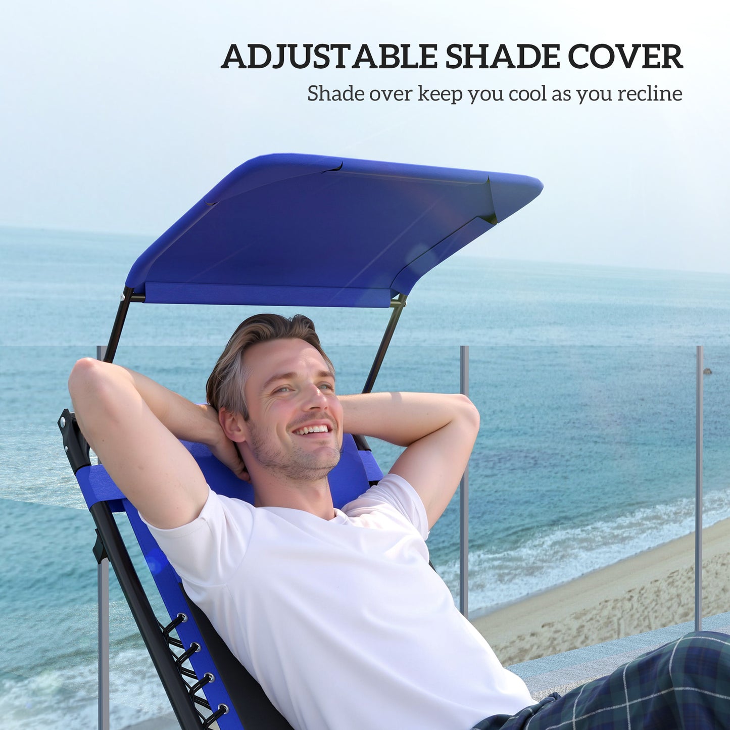 Outsunny Zero Gravity Lounger Chair, Folding Reclining Patio Chair with Shade Cover, Padded Seat, Cup Holder, Soft Cushion and Headrest for Poolside, Camping, Blue