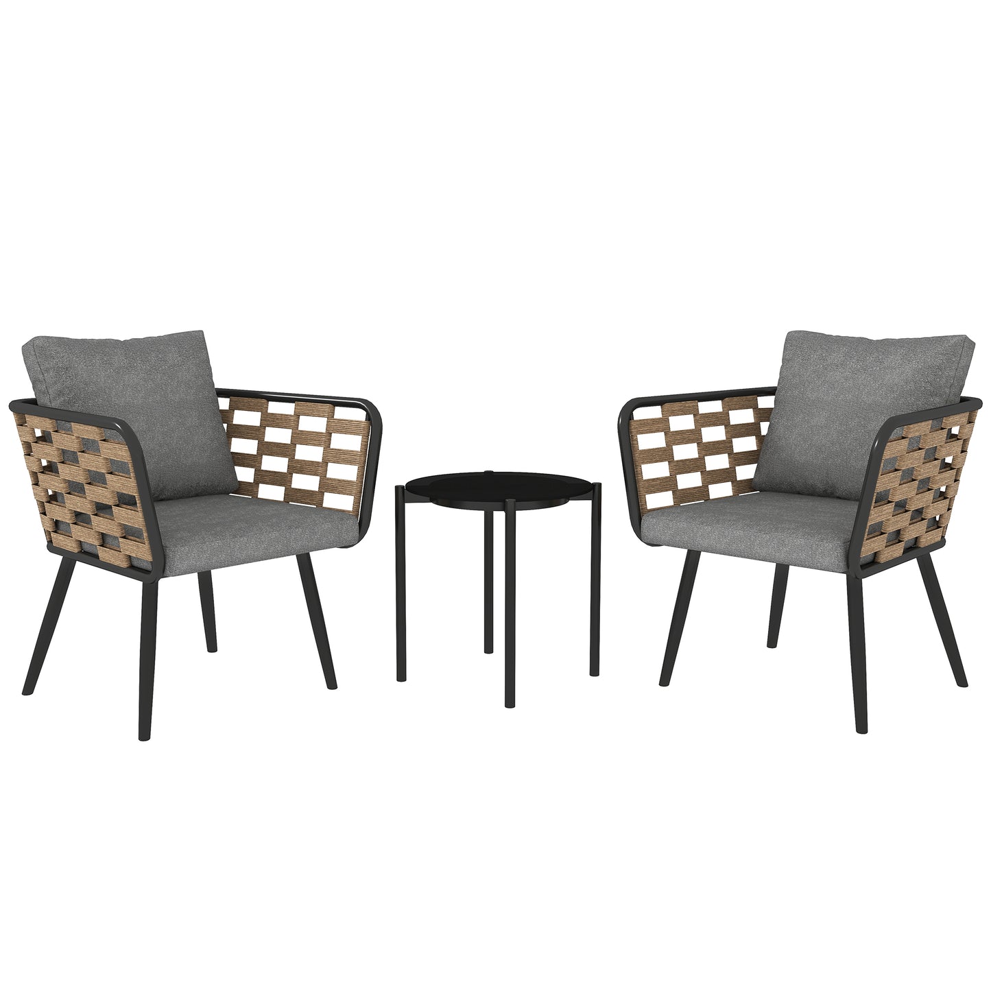 Outsunny 3 Pieces Rattan Bistro Set with Washable Seat and Back Cushions, Glass Top Coffee Table, for Outdoor, Patio, Black