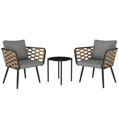 Outsunny 3 Pieces Rattan Bistro Set with Washable Seat and Back Cushions, Glass Top Coffee Table, for Outdoor, Patio, Black