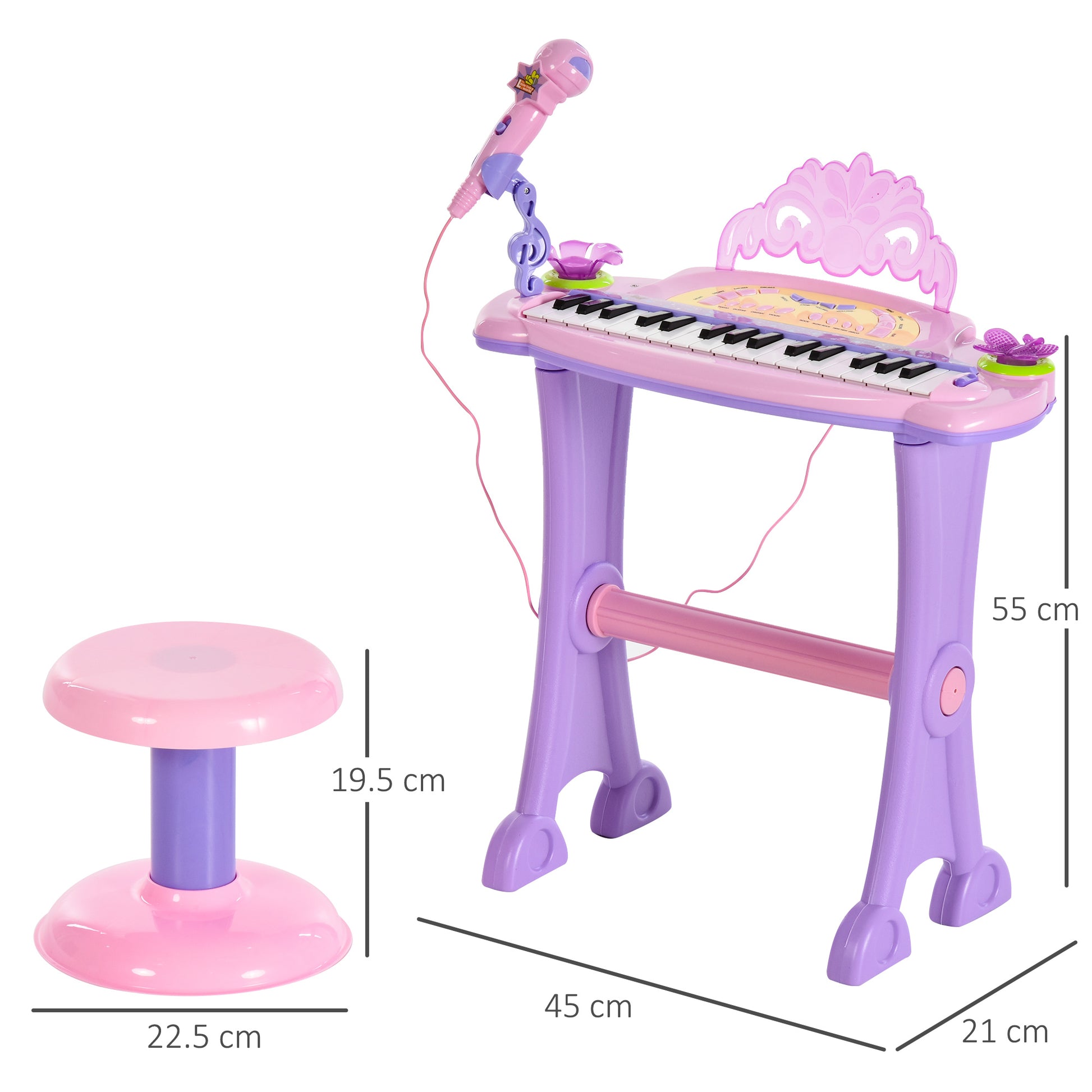 HOMCOM Mini Electronic Organ Piano W/Microphone and Stool-Purple/Pink