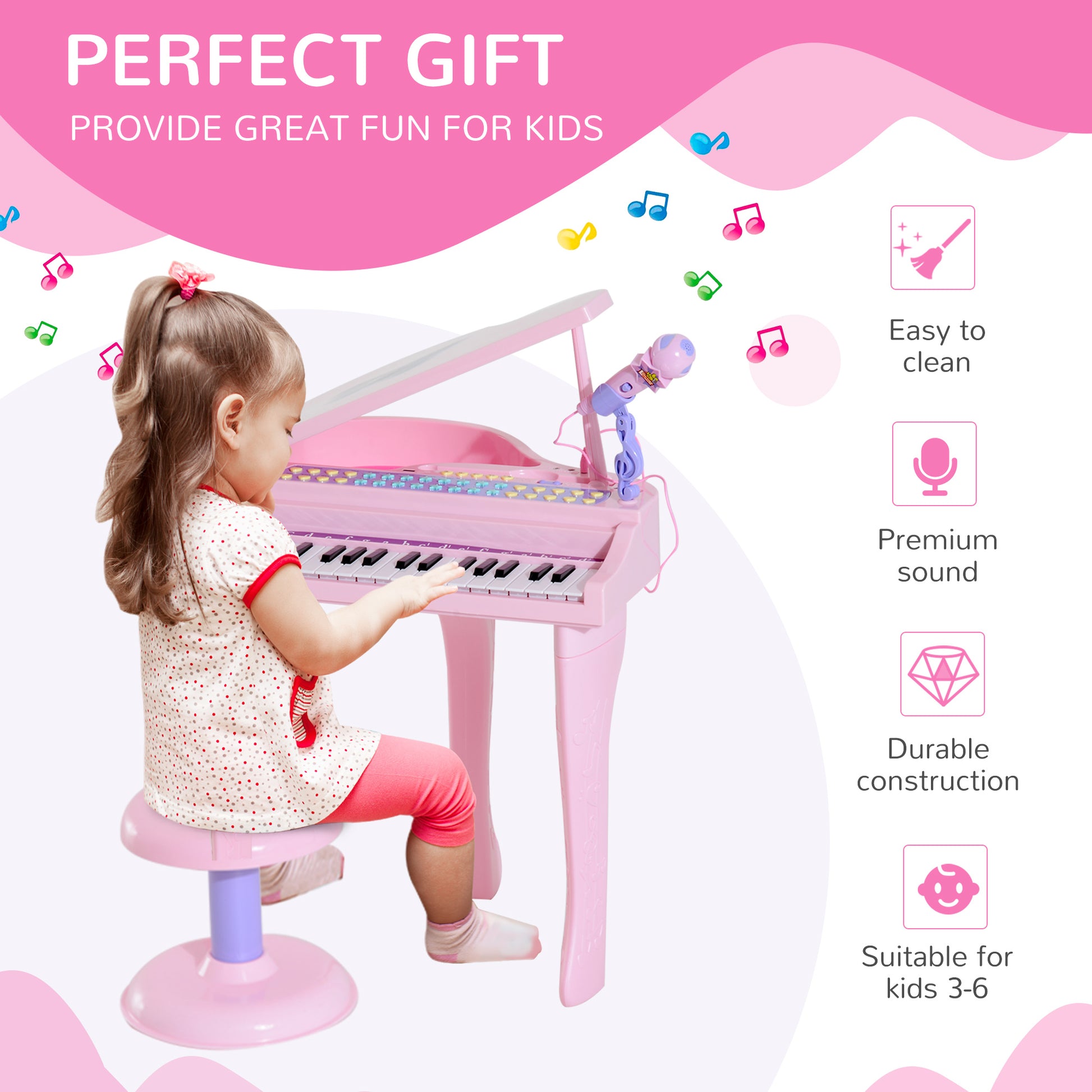 HOMCOM Mini Electronic Piano W/Stool-Pink