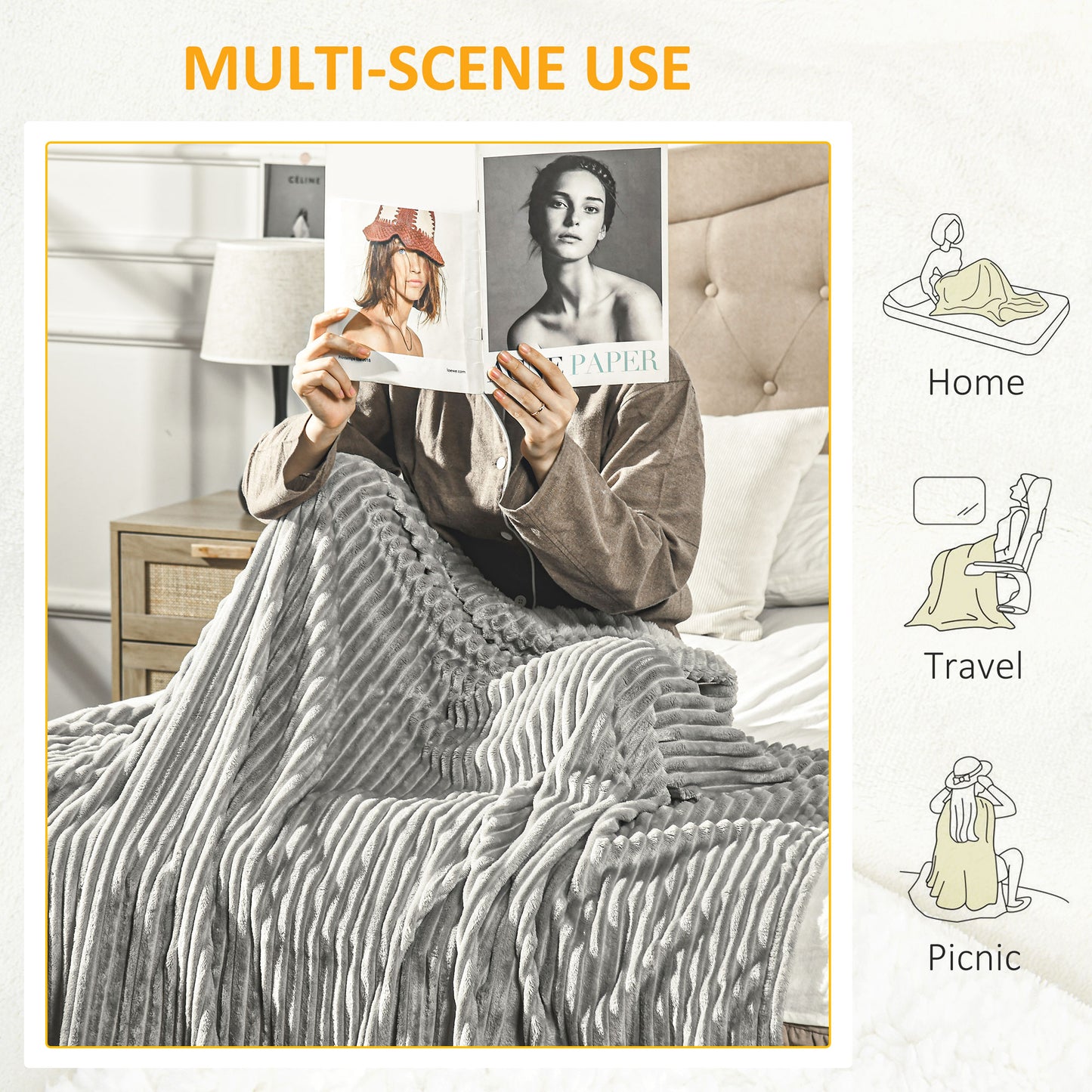 HOMCOM Flannel Fleece Throw Blanket, Fluffy Warm Throw Blanket, Striped Reversible Travel Bedspread, King Size, 230 x 231cm, Grey