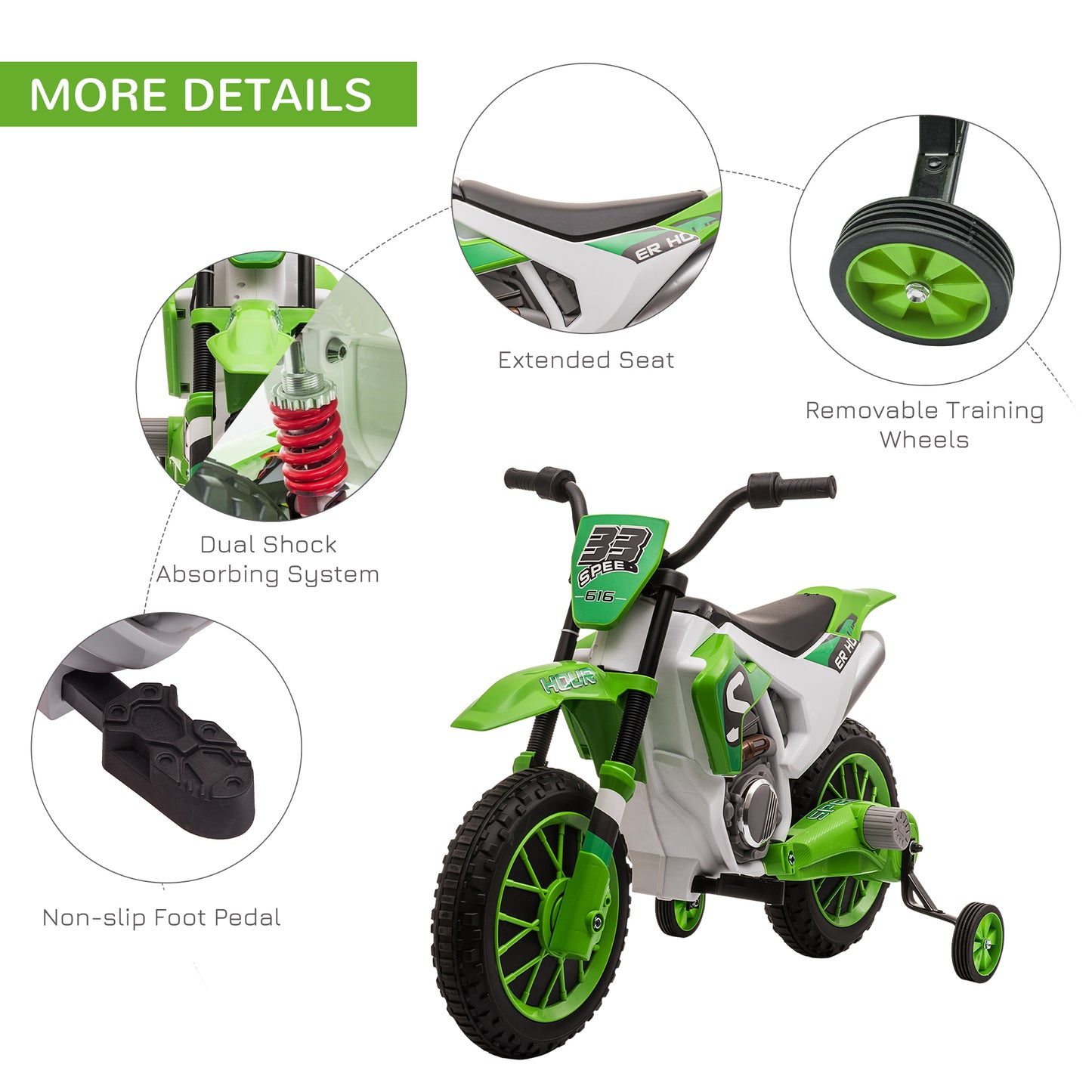 HOMCOM 12V Kids Electric Motorbike Ride On Motorcycle Vehicle Toy with Training Wheels for 3-5 Years Old, Green