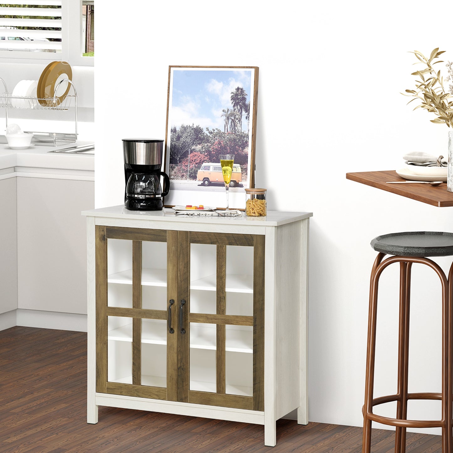 HOMCOM Kitchen Sideboard, Glass Door Storage Cabinet, Accent Cupboard with Adjustable Shelf for Dining Room, Living Room, Distressed White