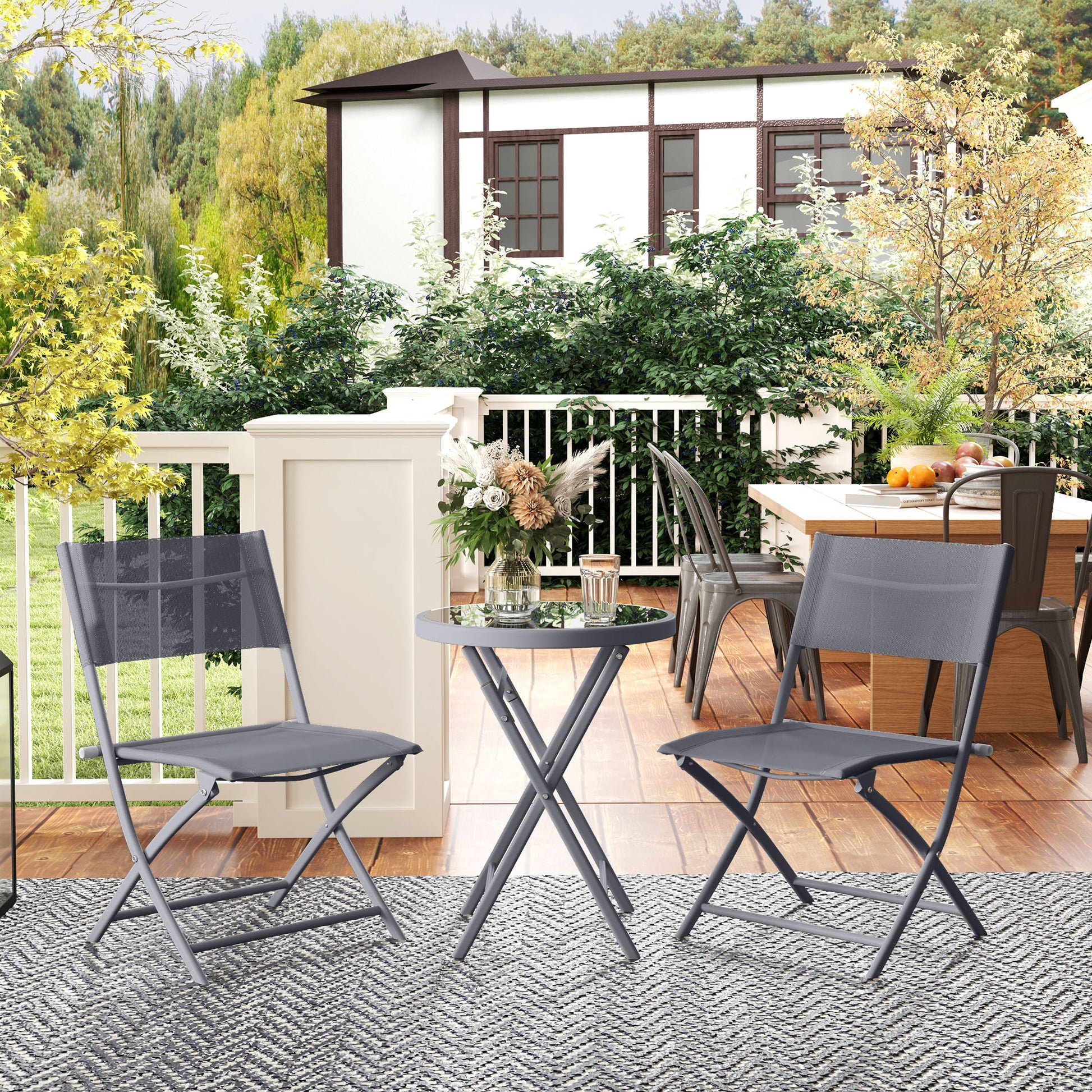 Outsunny 3 Pieces Outdoor Bistro Set, Glass Top Outdoor Table and 2 Folding Chairs with Protecting Feet, Grey