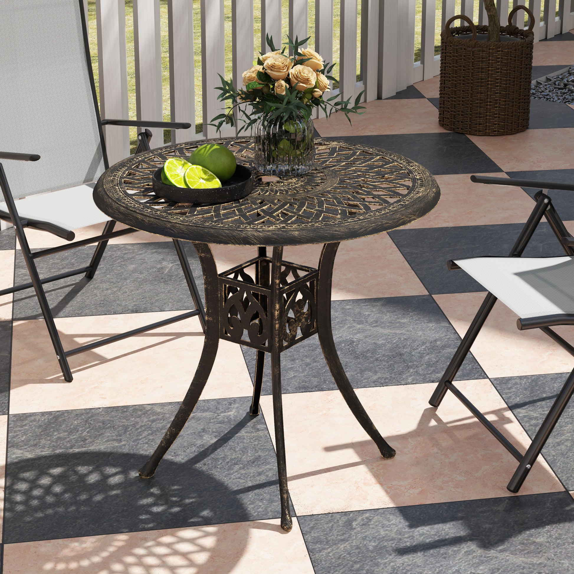 Outsunny 78 cm Round Garden Dining Table with Parasol Hole Antique Cast Aluminium Outdoor Table Only, Bronze Tone