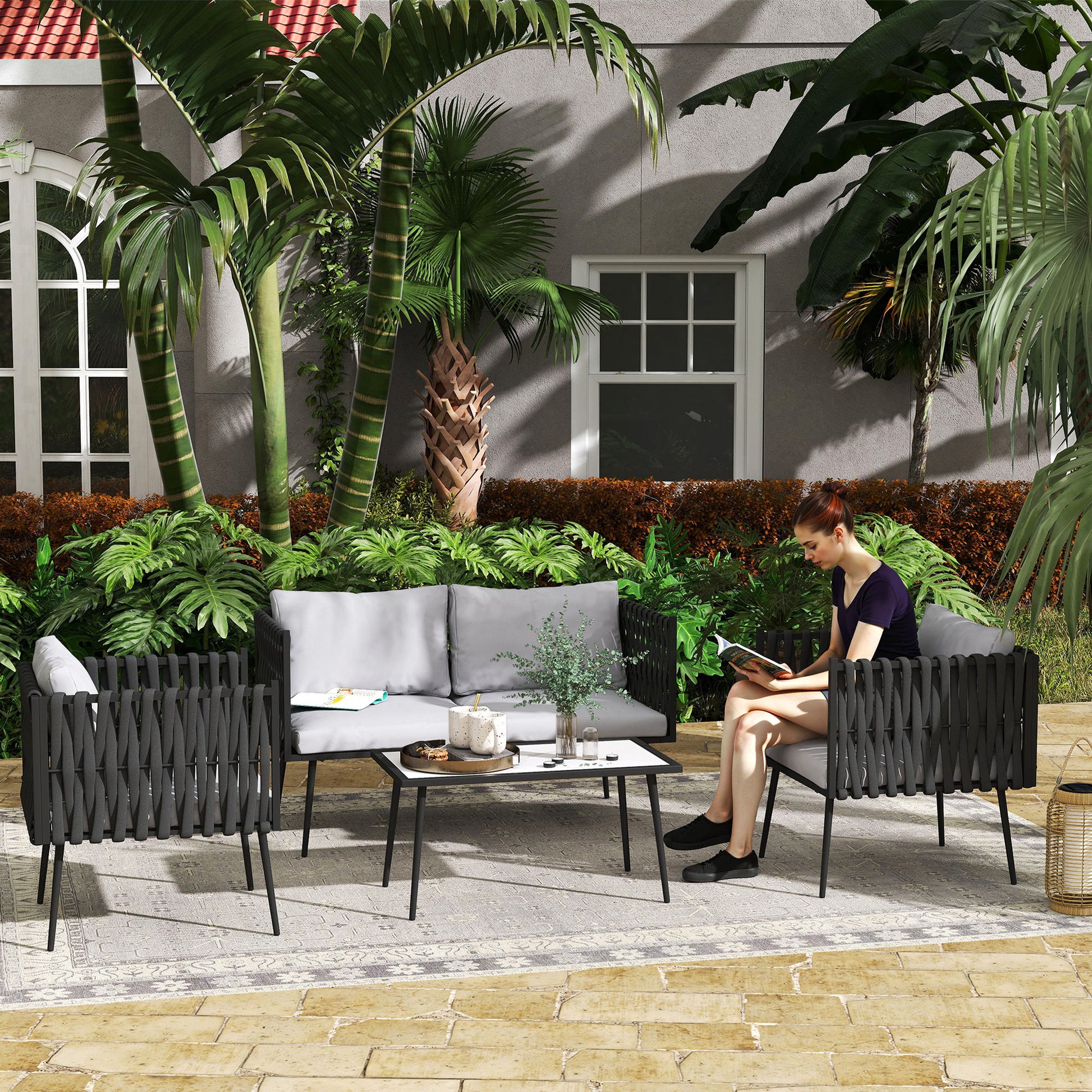 Outsunny 4-Piece Garden Furniture Set with Cushions - Light Grey