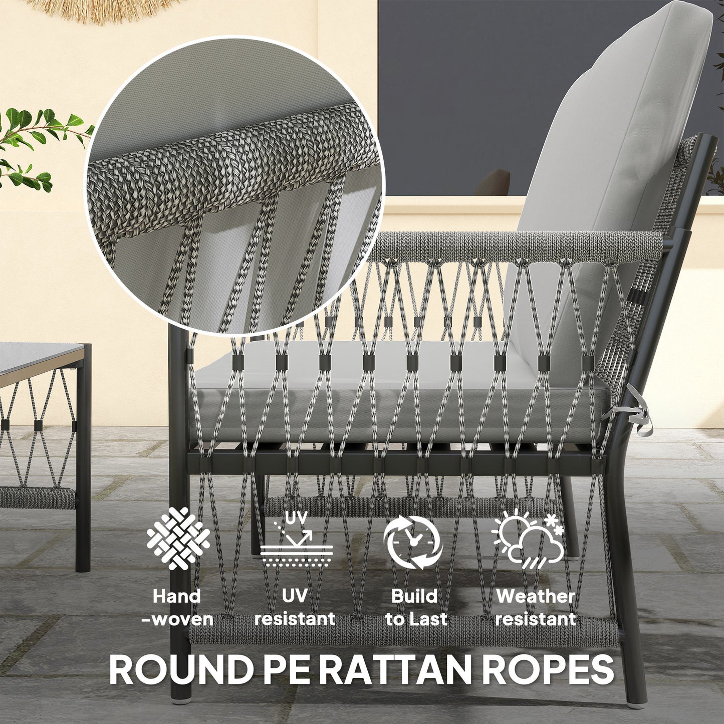 Outsunny 4 Piece Rattan Garden Furniture Set, 4 Seater Wicker Patio Conversation Set with 2 Armchairs, Loveseat, Glass Top Coffee Table and Cushions for Outdoor, Balcony, Grey