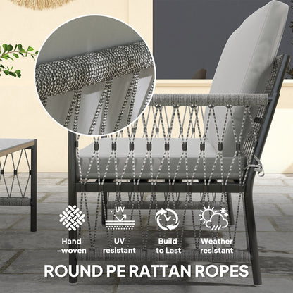 Outsunny 4 Piece Rattan Garden Furniture Set, 4 Seater Wicker Patio Conversation Set with 2 Armchairs, Loveseat, Glass Top Coffee Table and Cushions for Outdoor, Balcony, Grey
