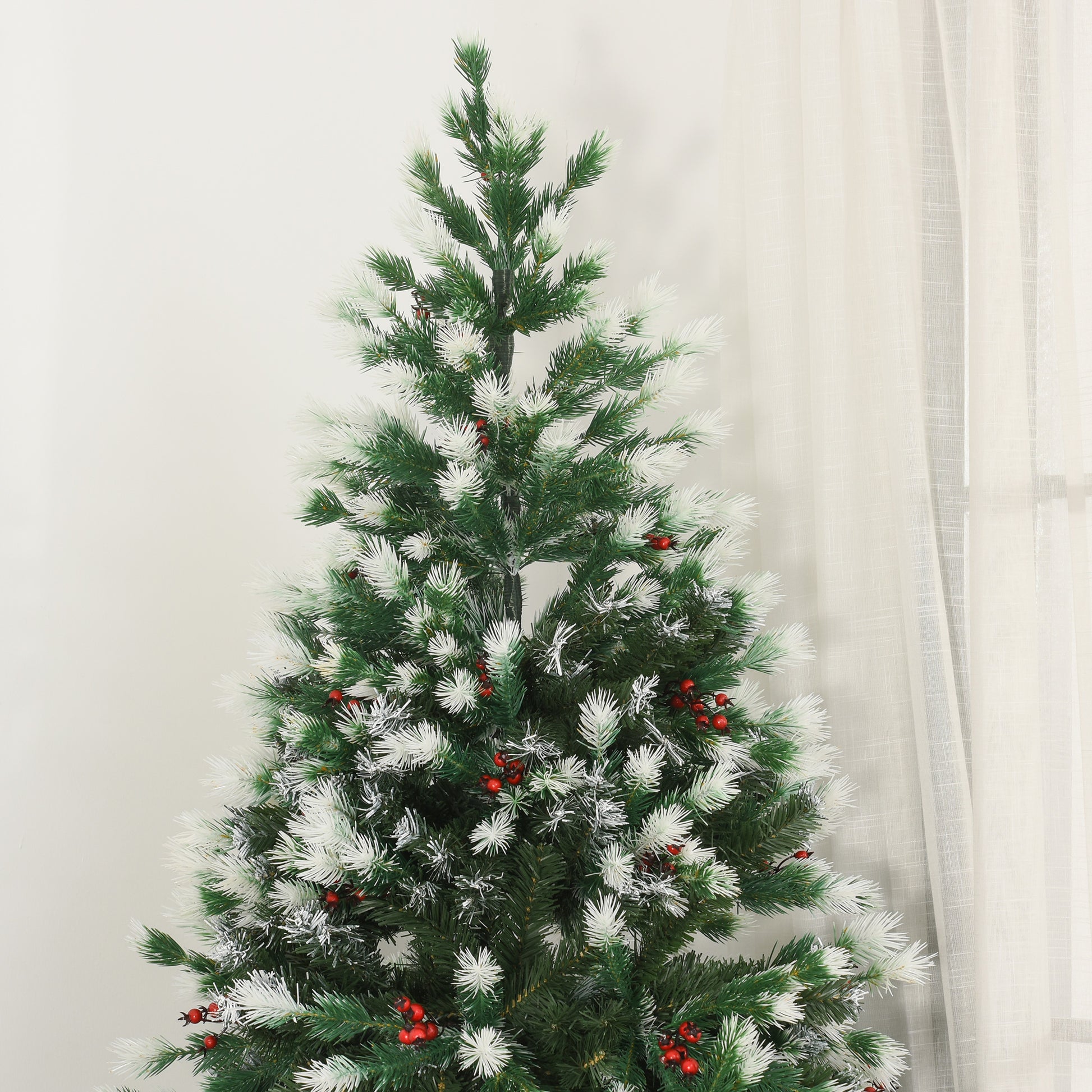 HOMCOM 6ft Artificial Snow-Flocked Pine Tree Holiday Home Christmas Decoration with Red Berries, Automatic Open - Green