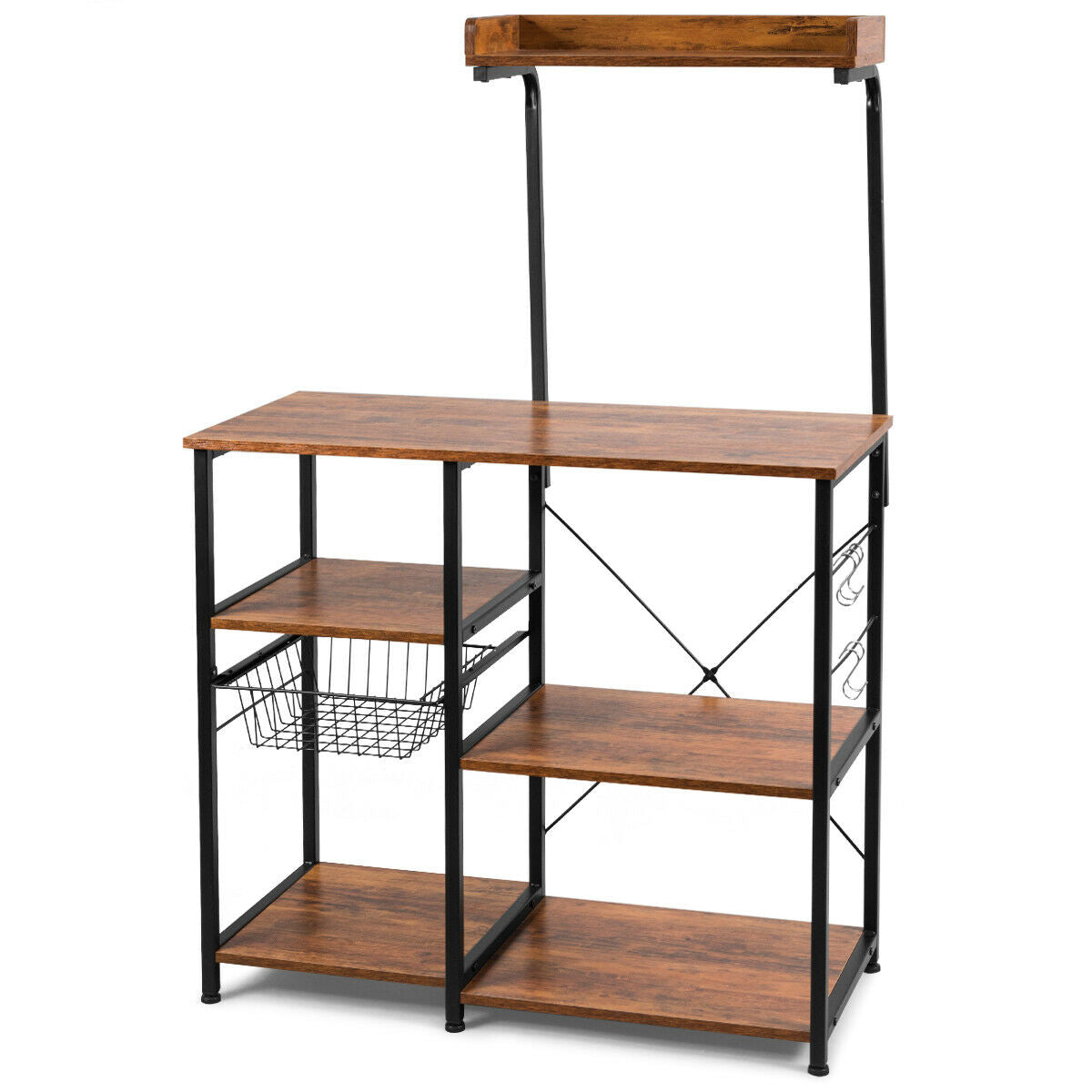 5-Tier Industrial Styled Shelving Unit with Pull-Out Basket-Coffee