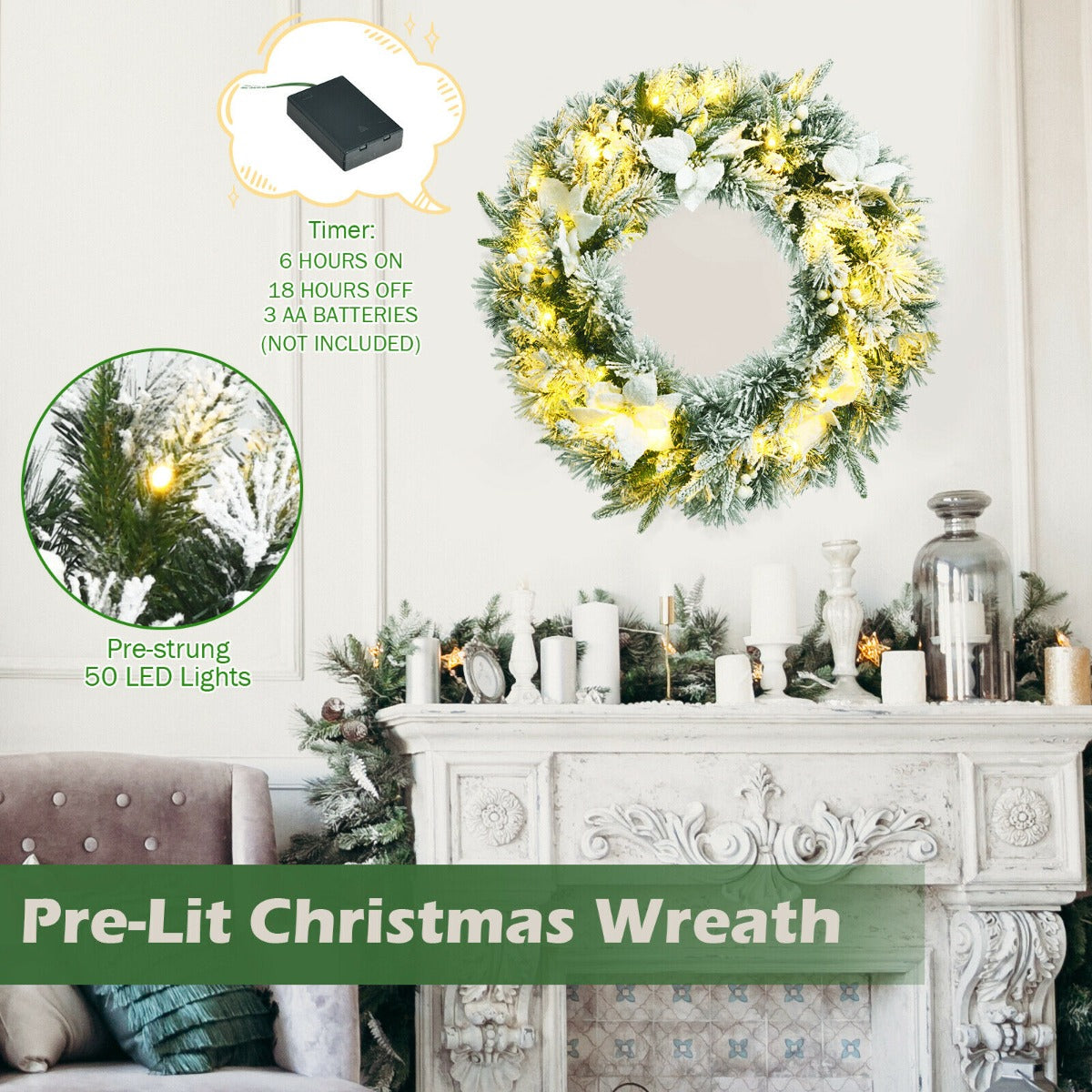 60cm Pre-Lit Christmas Wreath with 50 LED Lights and Built-in Timer